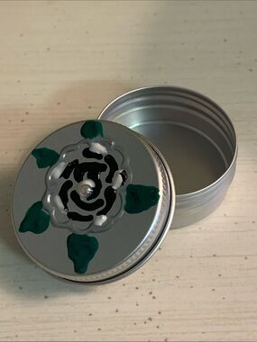 Hand-Painted Silver Metal Tin with Black, White & Green Floral Design